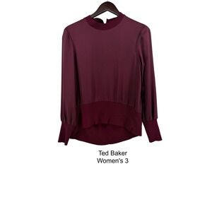 Ted Baker Wyonia Burgundy Mock Neck Ribbed Knit Trim Blouse Womens Size 3 Office